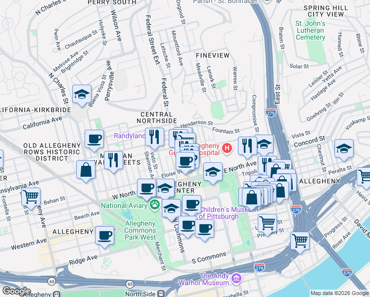 map of restaurants, bars, coffee shops, grocery stores, and more near 1416 Federal Street in Pittsburgh