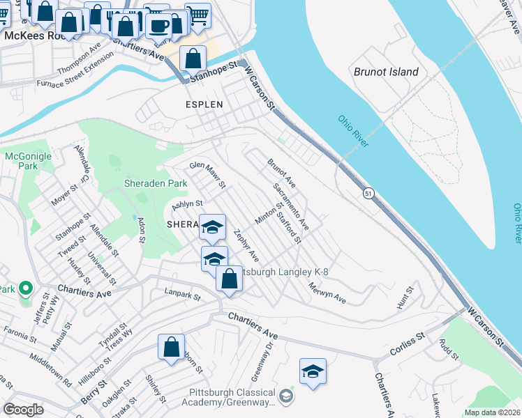map of restaurants, bars, coffee shops, grocery stores, and more near 3019 Stafford Street in Pittsburgh