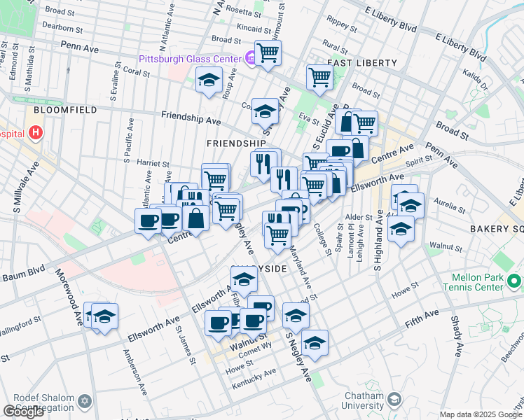 map of restaurants, bars, coffee shops, grocery stores, and more near 5750 Centre Avenue in Pittsburgh