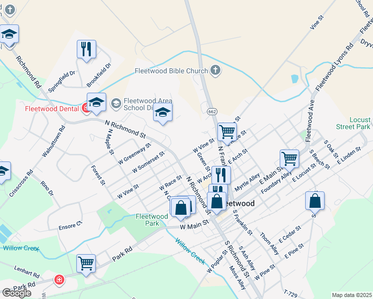 map of restaurants, bars, coffee shops, grocery stores, and more near 109 West Vine Street in Fleetwood