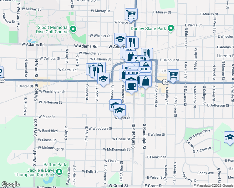 map of restaurants, bars, coffee shops, grocery stores, and more near 221 West Washington Street in Macomb