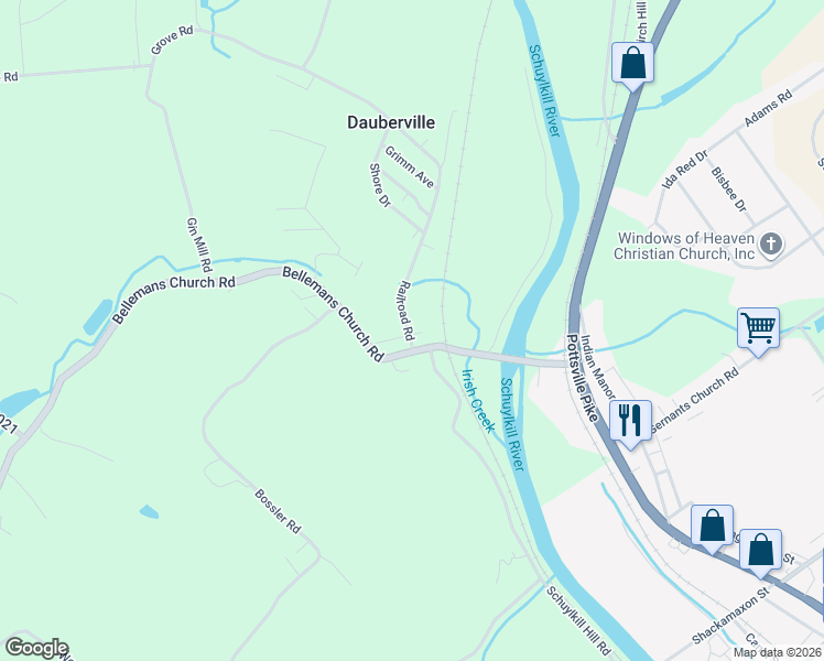 map of restaurants, bars, coffee shops, grocery stores, and more near 1677 Railroad Road in Dauberville