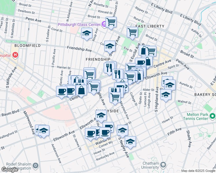 map of restaurants, bars, coffee shops, grocery stores, and more near 5750 Centre Avenue in Pittsburgh