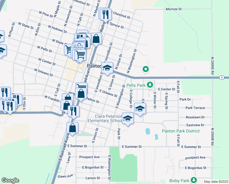 map of restaurants, bars, coffee shops, grocery stores, and more near 444 East Center Street in Paxton