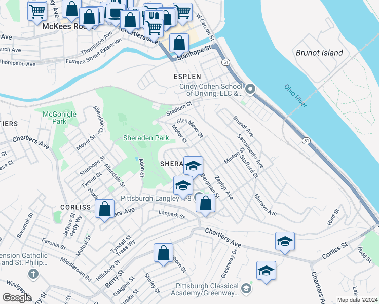 map of restaurants, bars, coffee shops, grocery stores, and more near 3128 Bergman Street in Pittsburgh