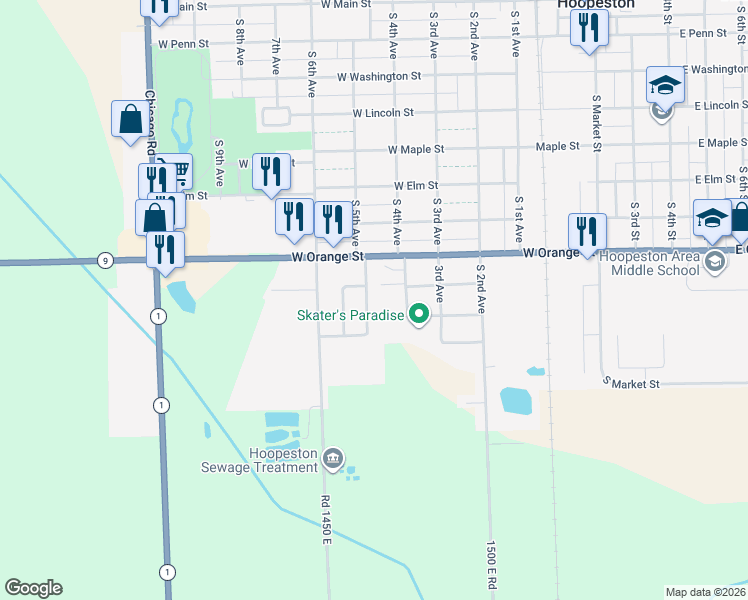 map of restaurants, bars, coffee shops, grocery stores, and more near 914 South 5th Avenue in Hoopeston