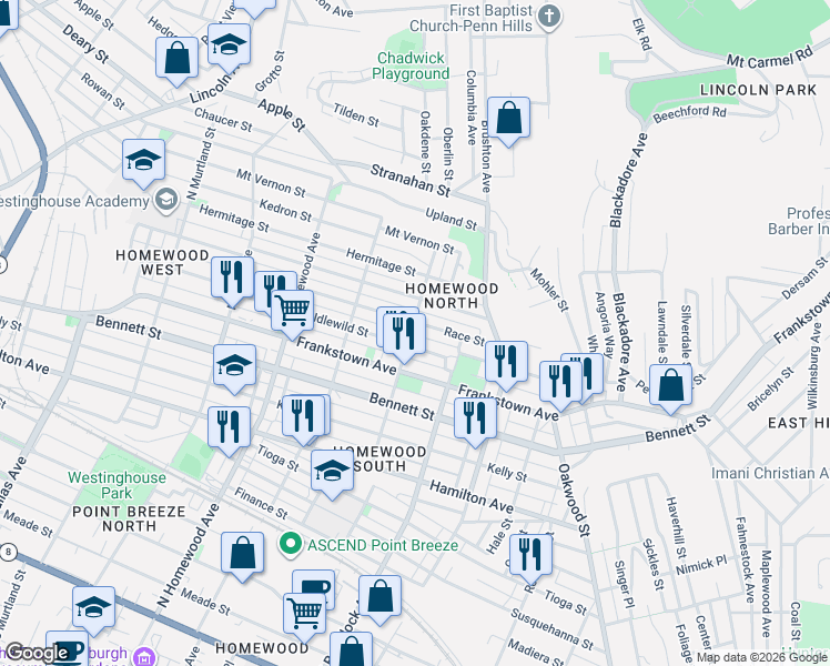 map of restaurants, bars, coffee shops, grocery stores, and more near 7345 Race Street in Pittsburgh