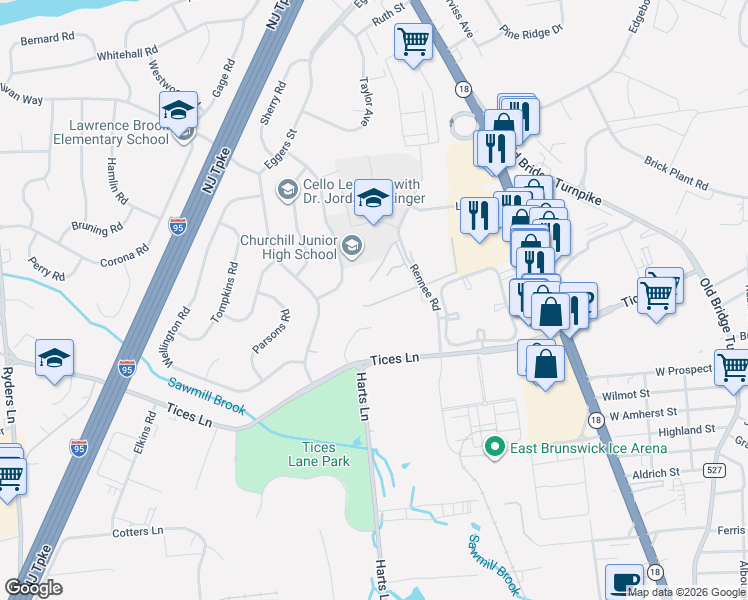 map of restaurants, bars, coffee shops, grocery stores, and more near 18 Lake Avenue in East Brunswick