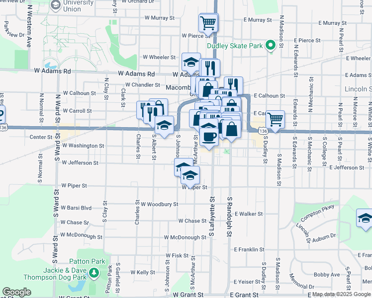 map of restaurants, bars, coffee shops, grocery stores, and more near 221 West Washington Street in Macomb