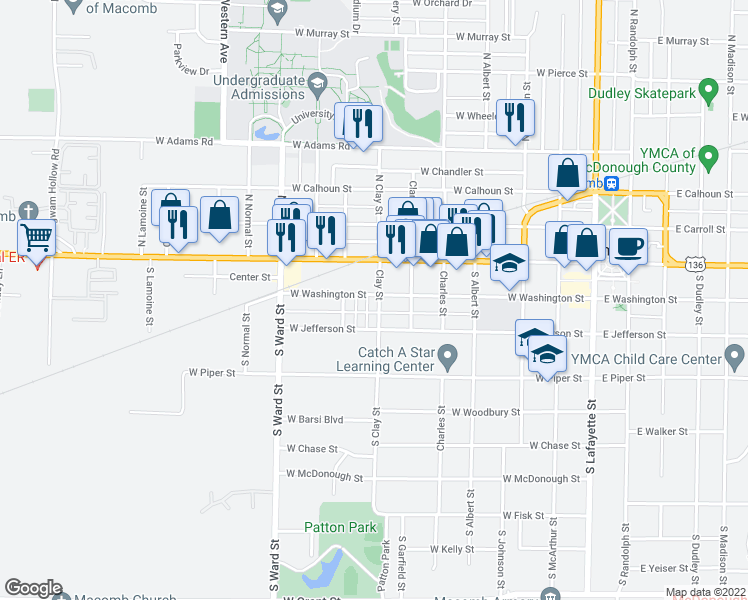 map of restaurants, bars, coffee shops, grocery stores, and more near 701 West Washington Street in Macomb