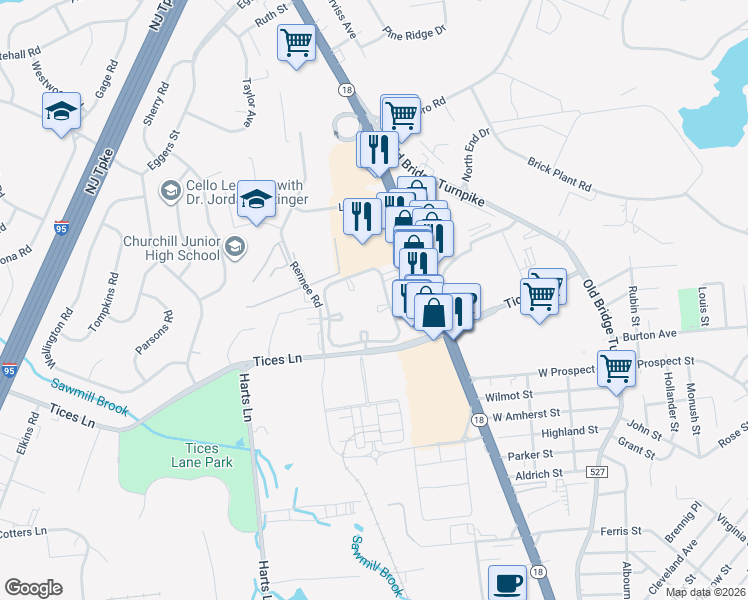 map of restaurants, bars, coffee shops, grocery stores, and more near 225 Blew Court in East Brunswick