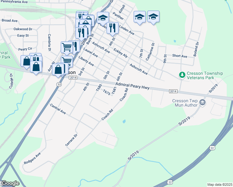 map of restaurants, bars, coffee shops, grocery stores, and more near 1000-1098 6th St in Cresson