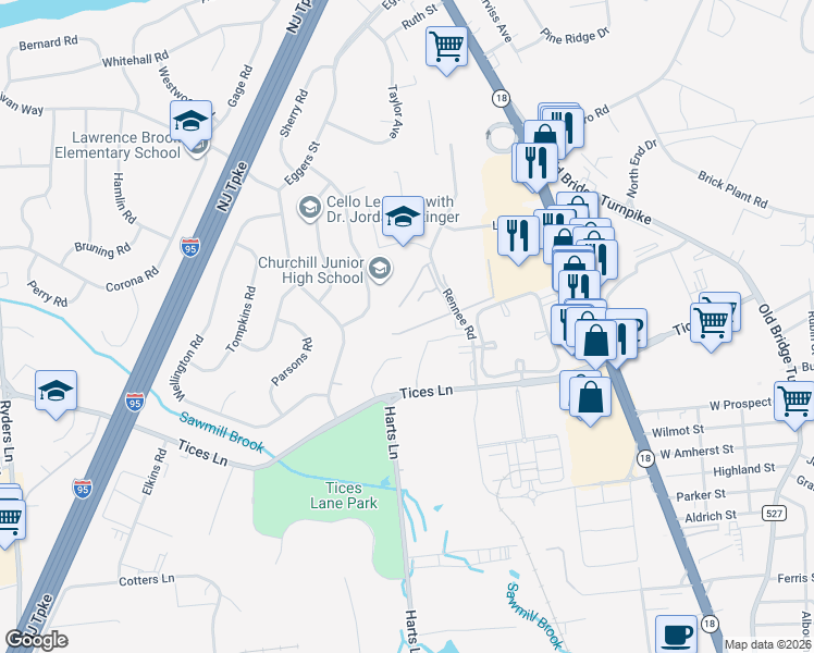 map of restaurants, bars, coffee shops, grocery stores, and more near 18 Lake Avenue in East Brunswick