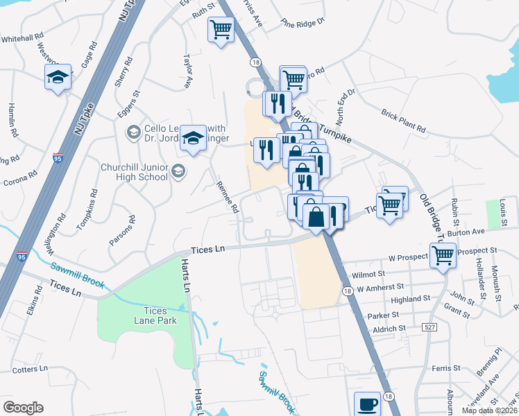 map of restaurants, bars, coffee shops, grocery stores, and more near 225 Blew Court in East Brunswick