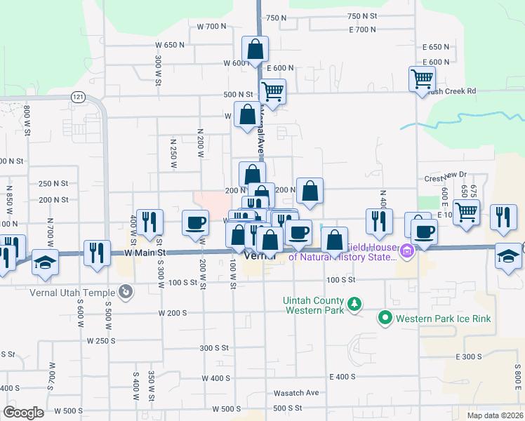 map of restaurants, bars, coffee shops, grocery stores, and more near 130 North Vernal Avenue in Vernal