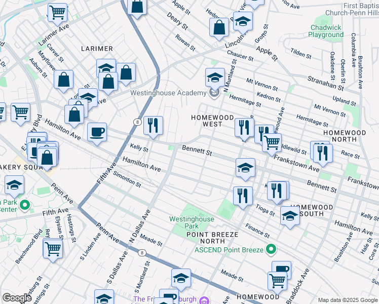 map of restaurants, bars, coffee shops, grocery stores, and more near in Pittsburgh