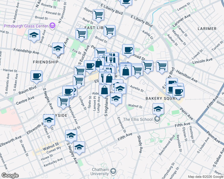 map of restaurants, bars, coffee shops, grocery stores, and more near 233 Carron Street in Pittsburgh
