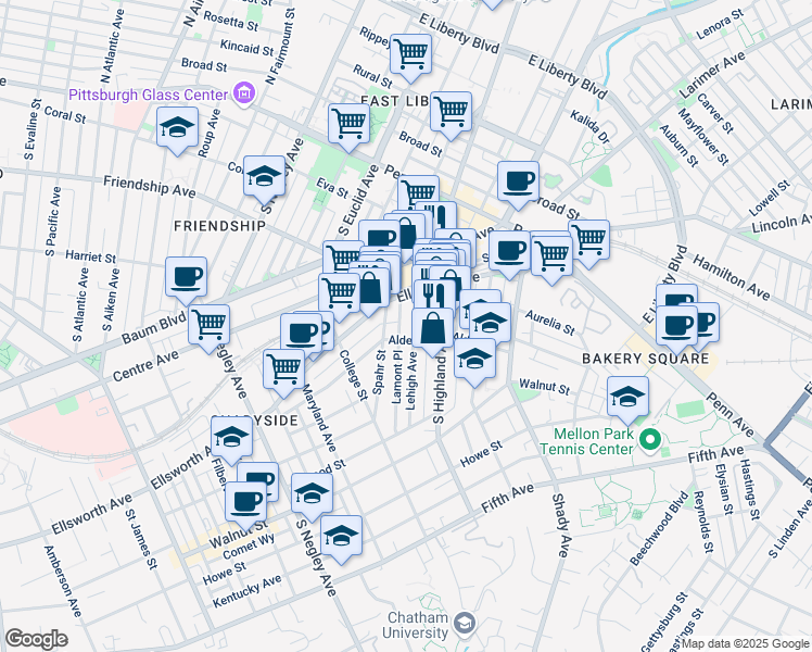 map of restaurants, bars, coffee shops, grocery stores, and more near 229 Lehigh Avenue in Pittsburgh