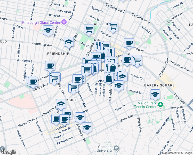map of restaurants, bars, coffee shops, grocery stores, and more near 5894 Ellsworth Avenue in Pittsburgh