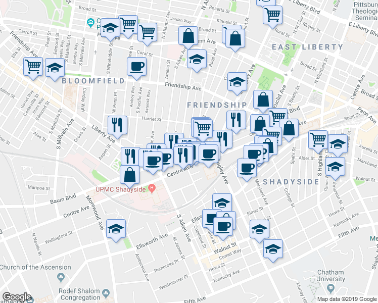 map of restaurants, bars, coffee shops, grocery stores, and more near 445 South Graham Street in Pittsburgh