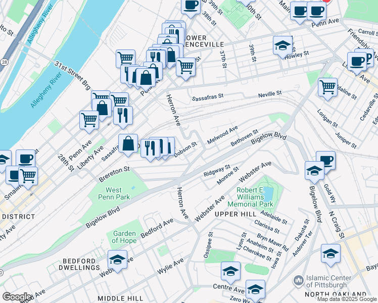 map of restaurants, bars, coffee shops, grocery stores, and more near in Pittsburgh