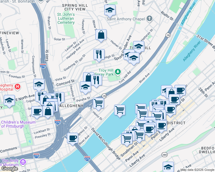 map of restaurants, bars, coffee shops, grocery stores, and more near 1135 Goettmann Street in Pittsburgh