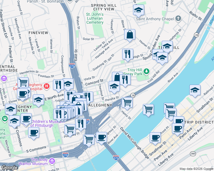 map of restaurants, bars, coffee shops, grocery stores, and more near 900 Spring Garden Avenue in Pittsburgh