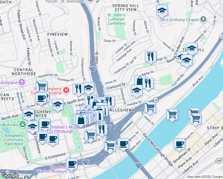 map of restaurants, bars, coffee shops, grocery stores, and more near 838 Concord Street in Pittsburgh