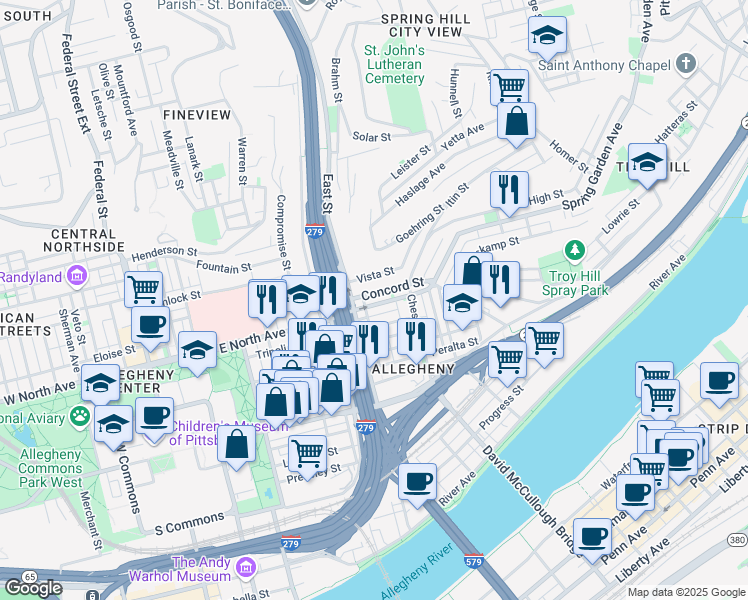 map of restaurants, bars, coffee shops, grocery stores, and more near 838 Concord Street in Pittsburgh