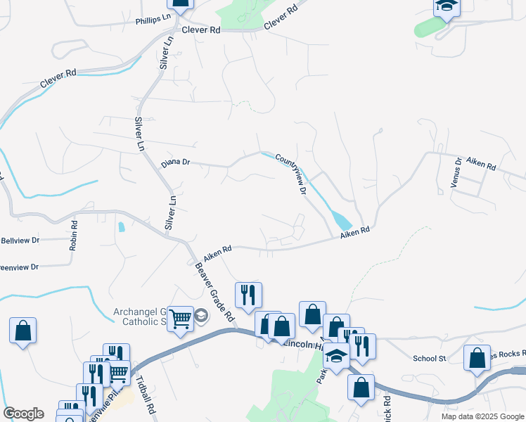 map of restaurants, bars, coffee shops, grocery stores, and more near 801 Countryside Drive in McKees Rocks