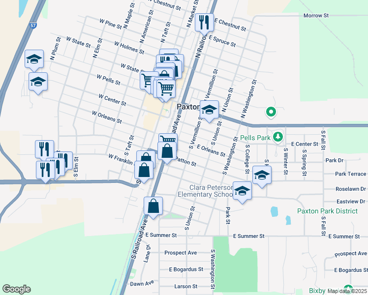 map of restaurants, bars, coffee shops, grocery stores, and more near 204 East Orleans Street in Paxton