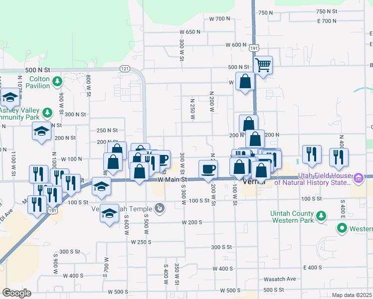 map of restaurants, bars, coffee shops, grocery stores, and more near 142 North 300 West in Vernal