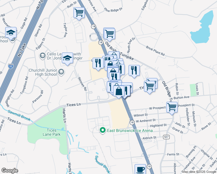 map of restaurants, bars, coffee shops, grocery stores, and more near 411 Meade Court in East Brunswick