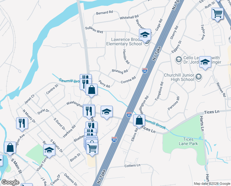 map of restaurants, bars, coffee shops, grocery stores, and more near 23 Jean Road in East Brunswick