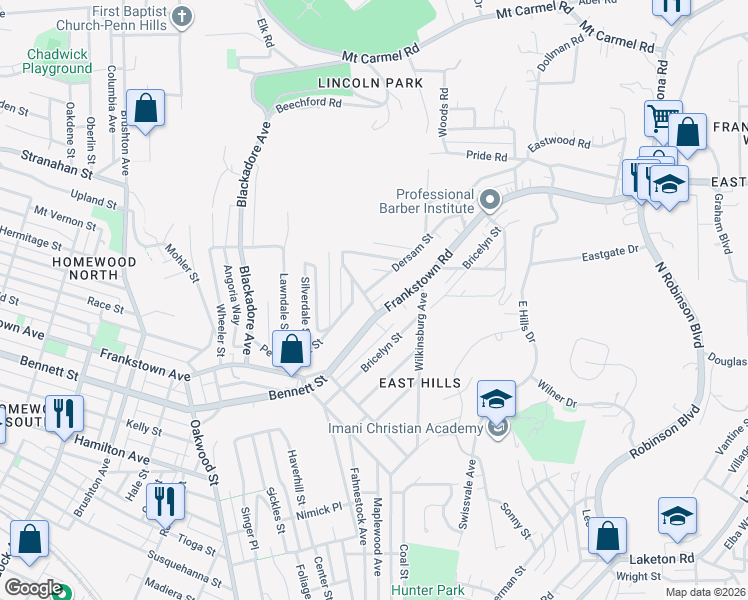map of restaurants, bars, coffee shops, grocery stores, and more near 8406 Dersam Street in Pittsburgh