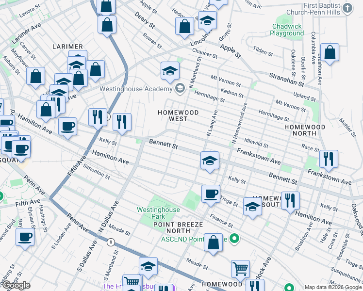 map of restaurants, bars, coffee shops, grocery stores, and more near 7016 Frankstown Avenue in Pittsburgh