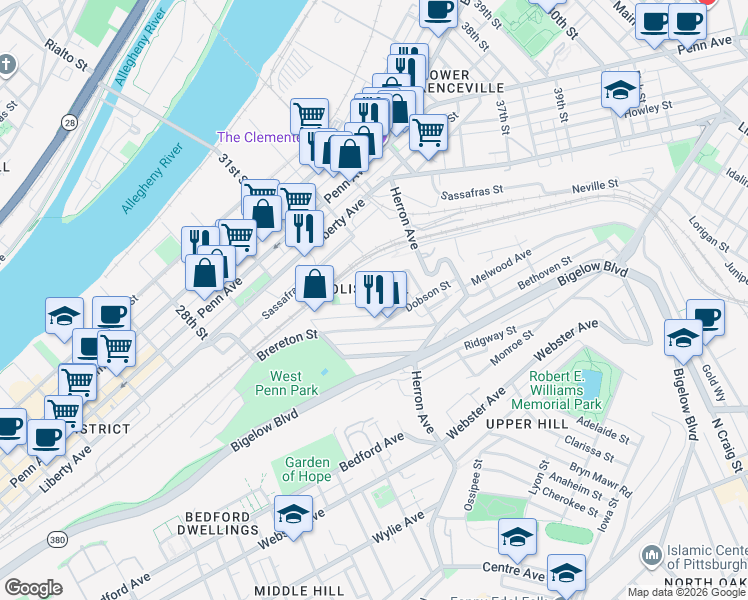 map of restaurants, bars, coffee shops, grocery stores, and more near in Pittsburgh