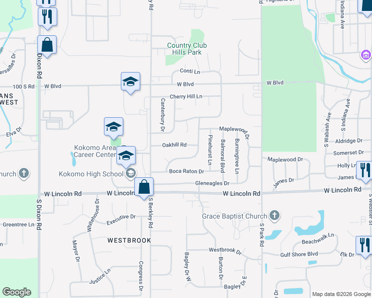 map of restaurants, bars, coffee shops, grocery stores, and more near 1616 Oakhill Road in Kokomo