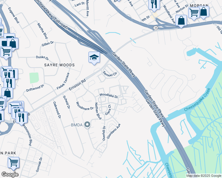 map of restaurants, bars, coffee shops, grocery stores, and more near 1942 Ridgeview Court in Sayreville