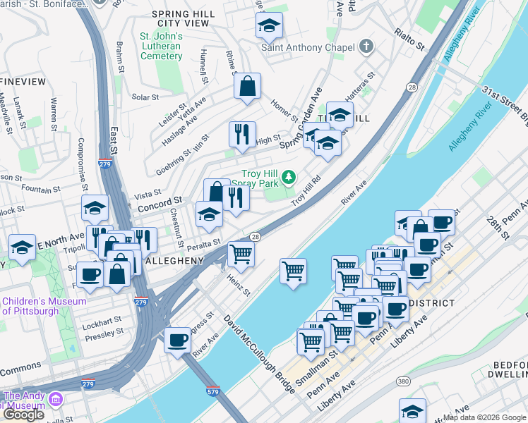 map of restaurants, bars, coffee shops, grocery stores, and more near 1135 Goettmann Street in Pittsburgh