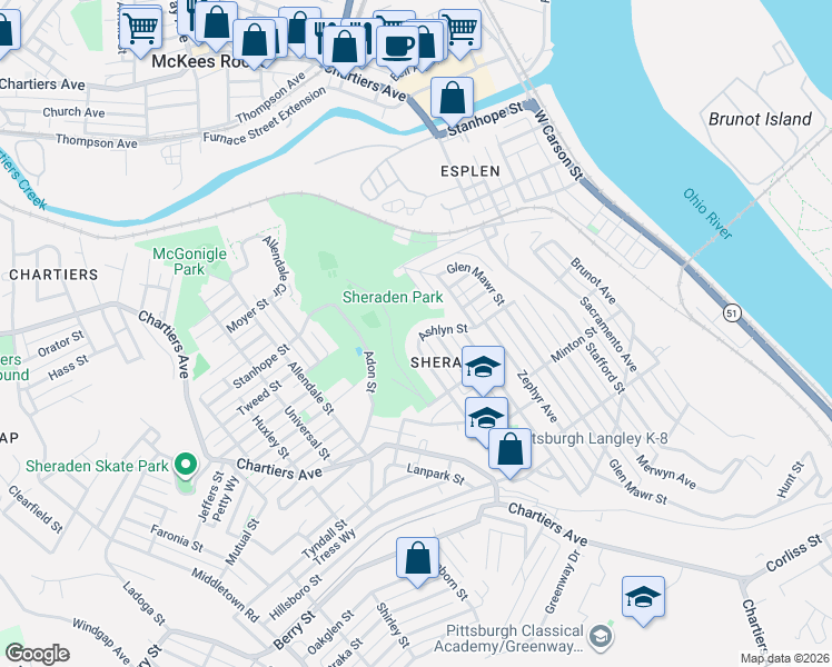 map of restaurants, bars, coffee shops, grocery stores, and more near 3169 Ashlyn Street in Pittsburgh