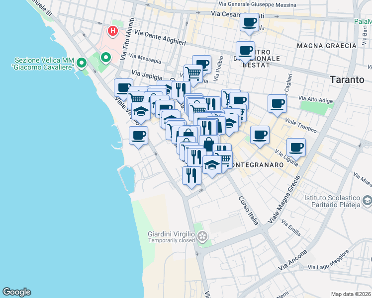 map of restaurants, bars, coffee shops, grocery stores, and more near 119 Via Medaglie D'Oro in Taranto