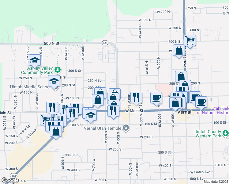 map of restaurants, bars, coffee shops, grocery stores, and more near 129 North 500 West in Vernal