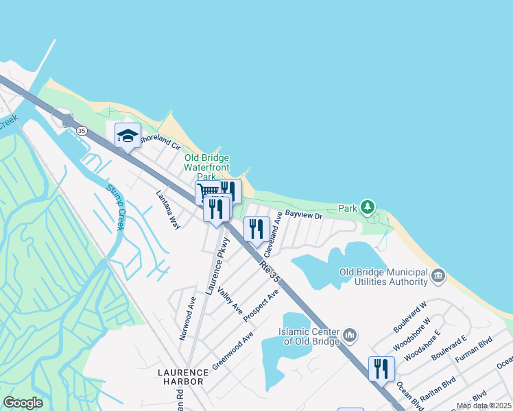 map of restaurants, bars, coffee shops, grocery stores, and more near 76 Roosevelt Avenue in Old Bridge