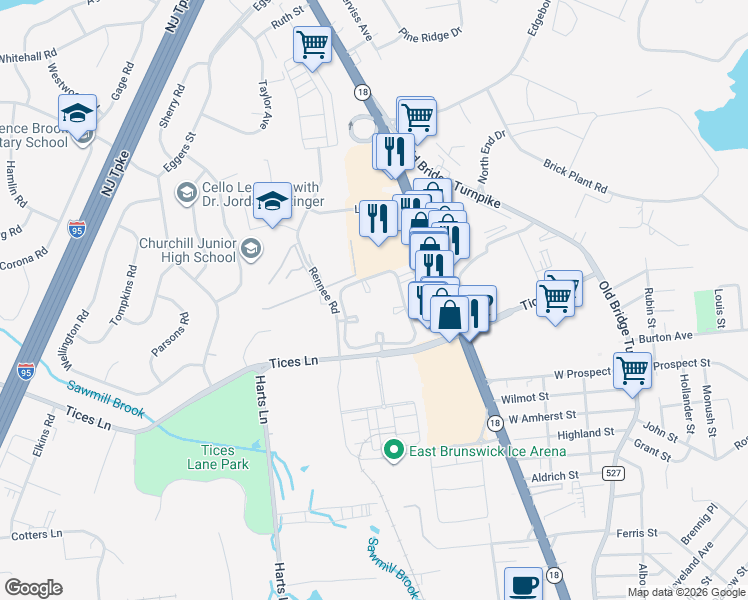map of restaurants, bars, coffee shops, grocery stores, and more near 225 Blew Court in East Brunswick