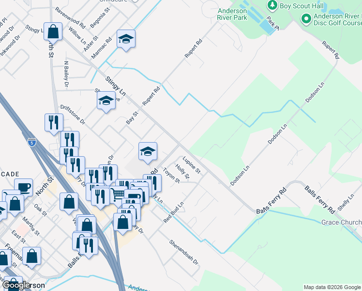map of restaurants, bars, coffee shops, grocery stores, and more near 2940 Balls Ferry Road in Anderson