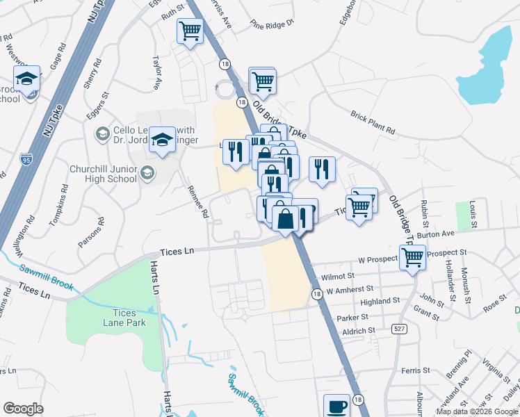 map of restaurants, bars, coffee shops, grocery stores, and more near 401 Carhart Court in East Brunswick