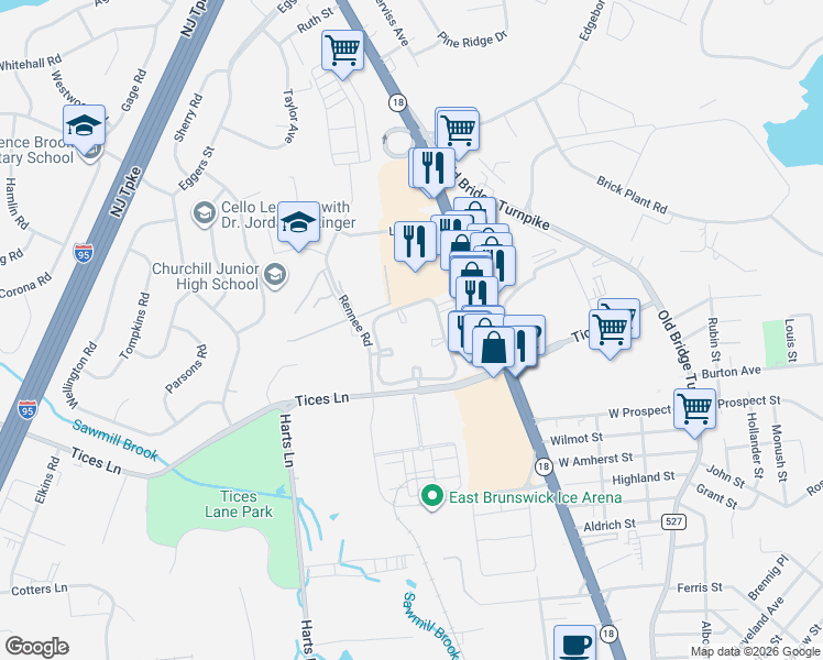 map of restaurants, bars, coffee shops, grocery stores, and more near 225 Blew Court in East Brunswick