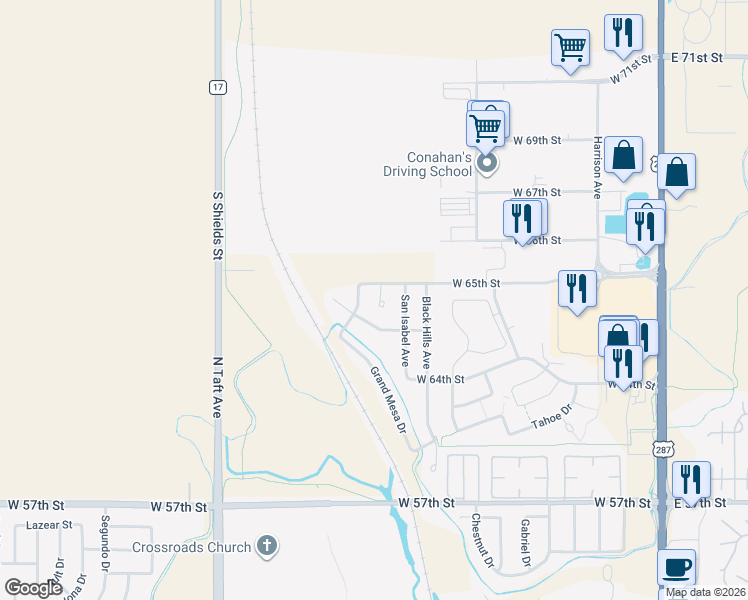 map of restaurants, bars, coffee shops, grocery stores, and more near 974 West 65th Street in Loveland