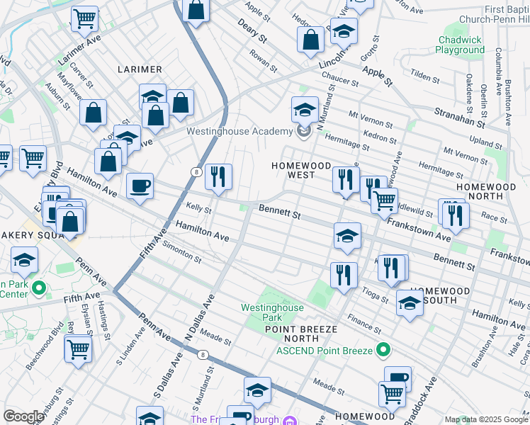map of restaurants, bars, coffee shops, grocery stores, and more near in Pittsburgh